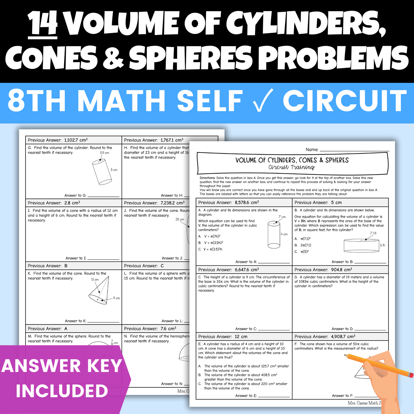 Volume of Cone Cylinder Sphere Worksheet Self Checking Circuit Activity
