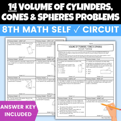 Volume of Cone Cylinder Sphere Worksheet Self Checking Circuit Activity
