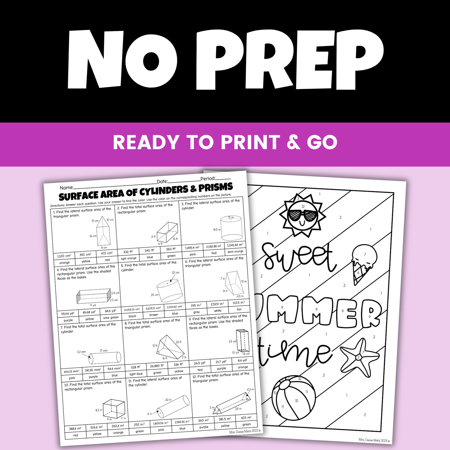 Surface Area of Prisms and Cylinders Summer Coloring Worksheet
