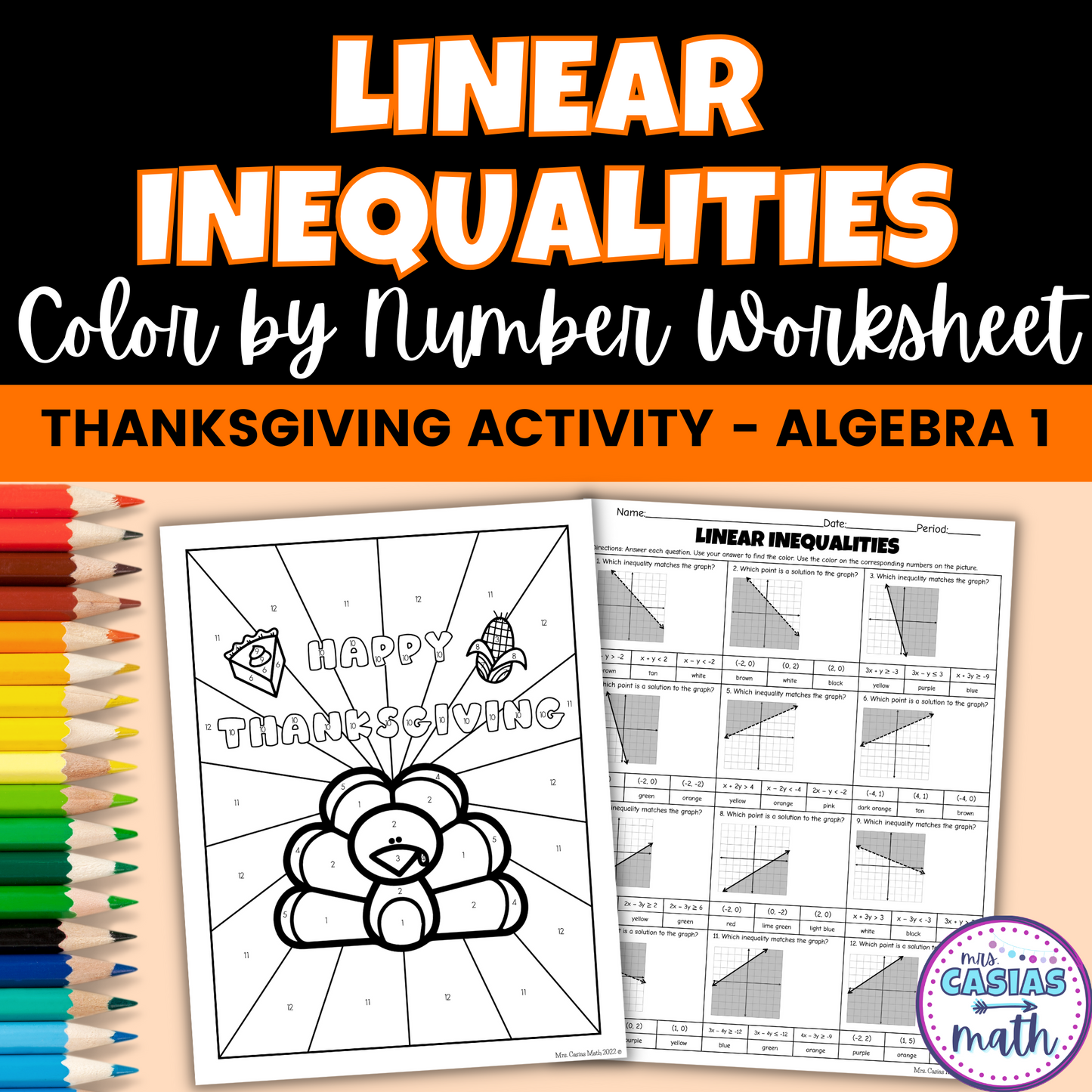 Algebra 1 Thanksgiving Coloring Activity Linear Inequalities