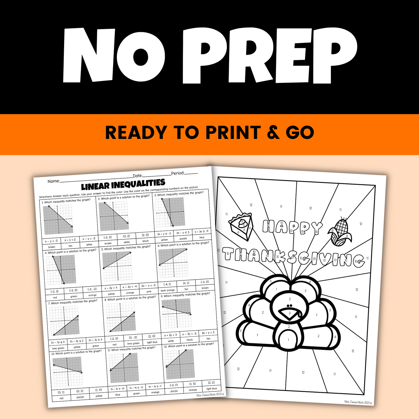 Algebra 1 Thanksgiving Coloring Activity Linear Inequalities