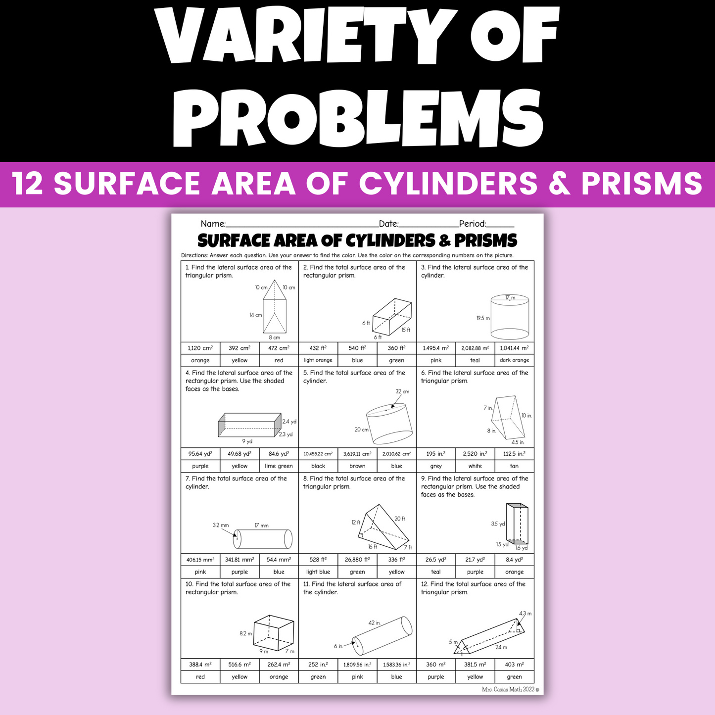 Surface Area of Prisms and Cylinders Summer Coloring Worksheet