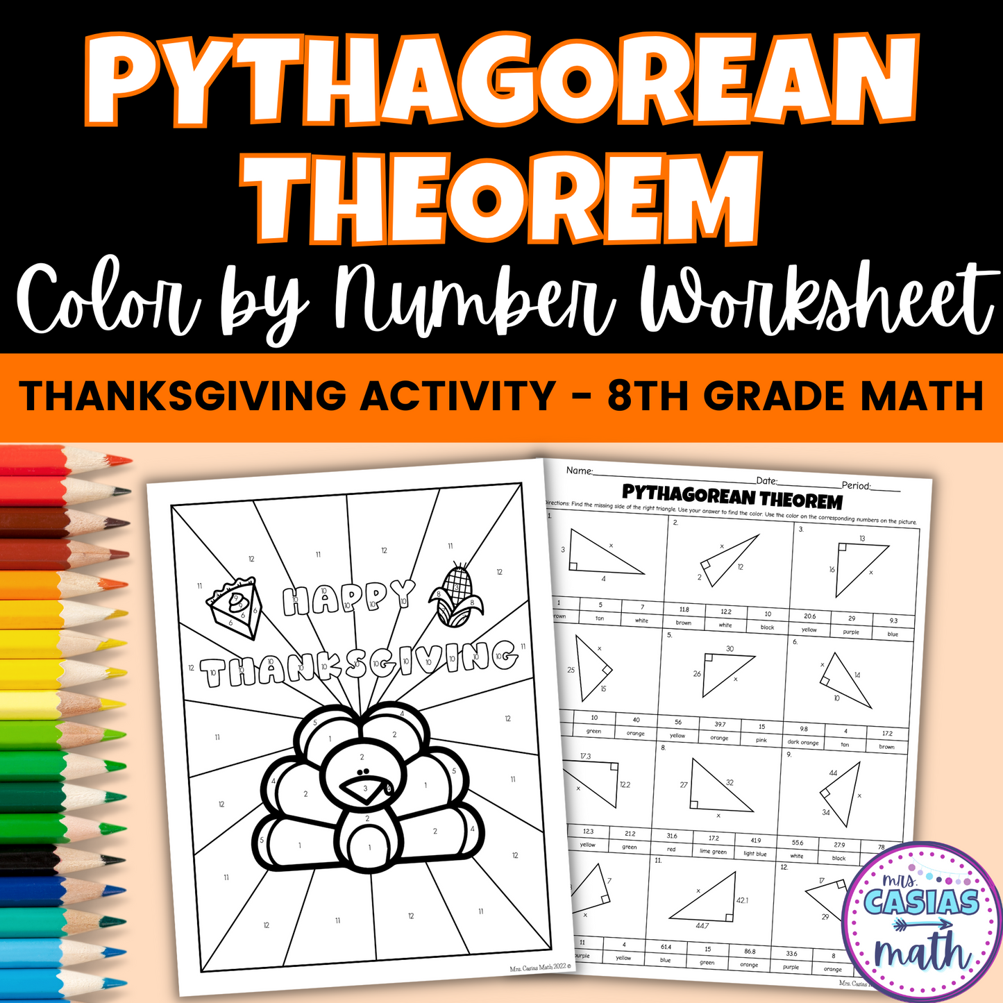 Thanksgiving Math Activity 8th Grade Pythagorean Theorem Coloring Worksheet