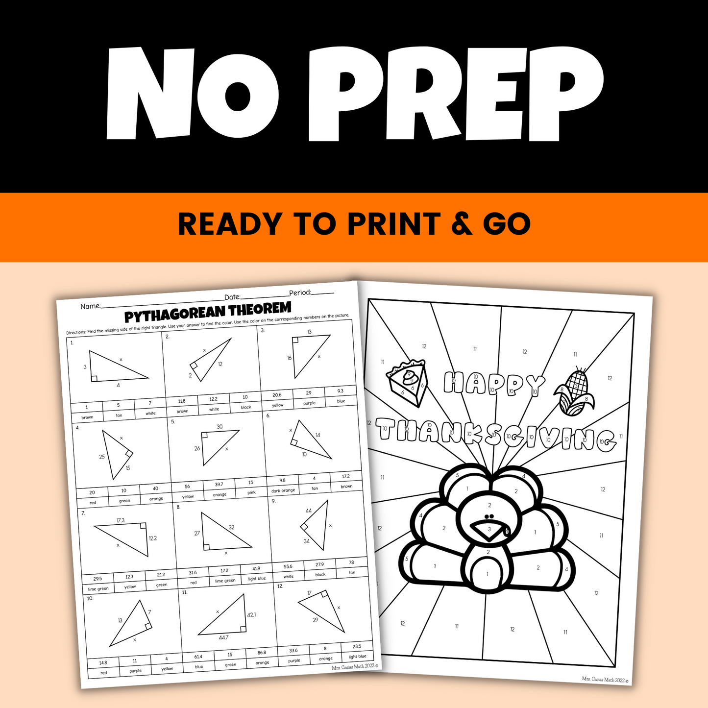 Thanksgiving Math Activity 8th Grade Pythagorean Theorem Coloring Worksheet