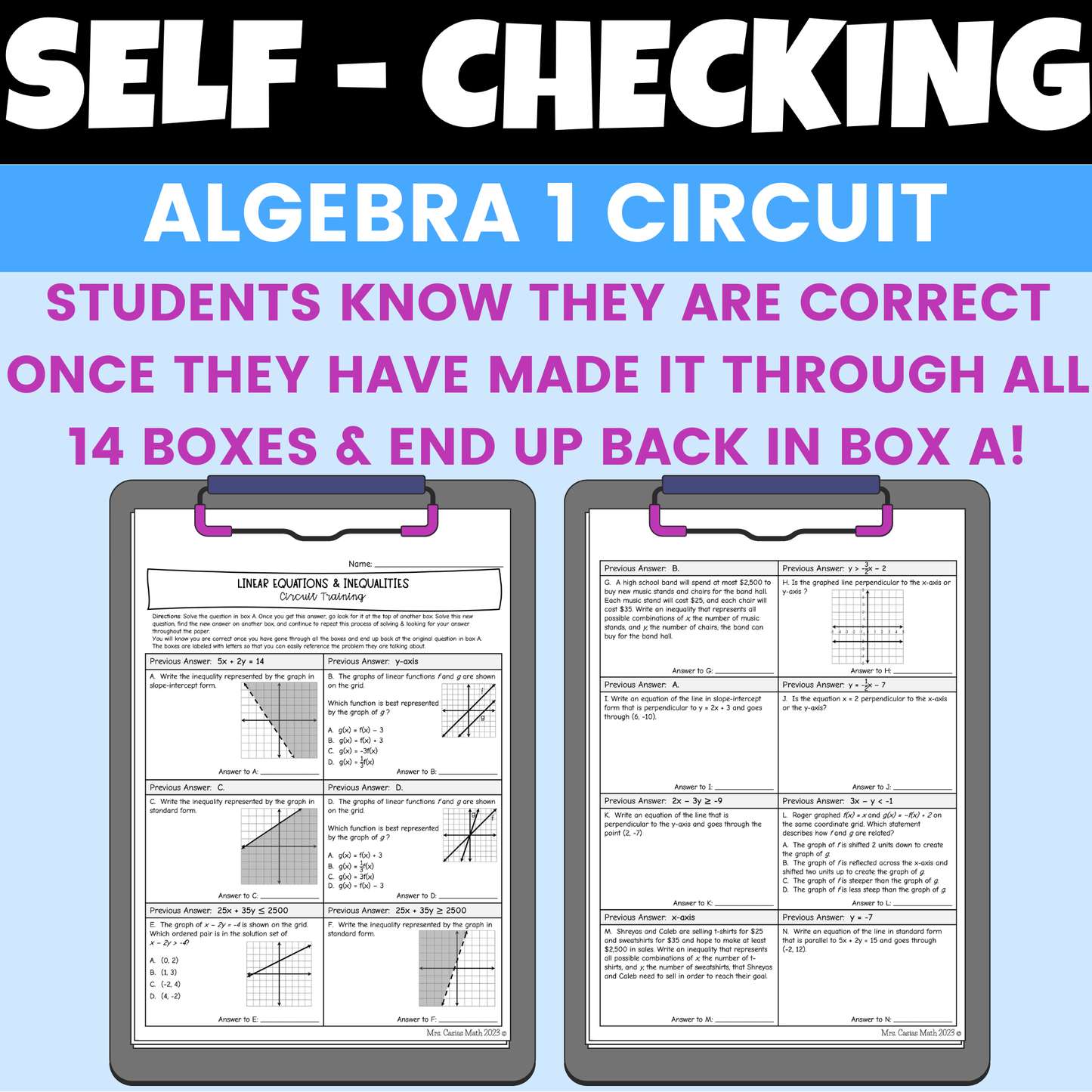 Linear Equations and Inequalities Worksheet Self Checking Circuit Activity