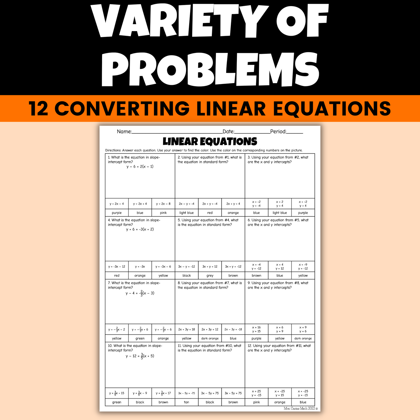 Algebra 1 Coloring Activity Fall Converting Linear Equations