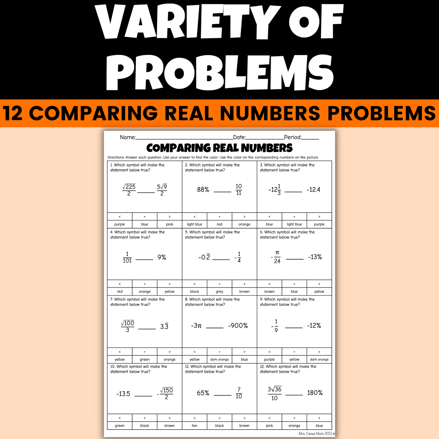 Fun Fall Math Activity 8th Grade Comparing Real Numbers Coloring Worksheet