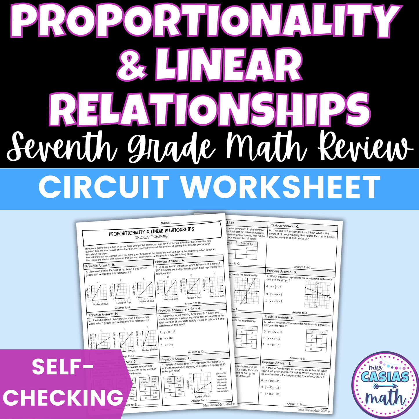 Proportionality Linear Relationships Worksheet Self Checking Activity 7th Math
