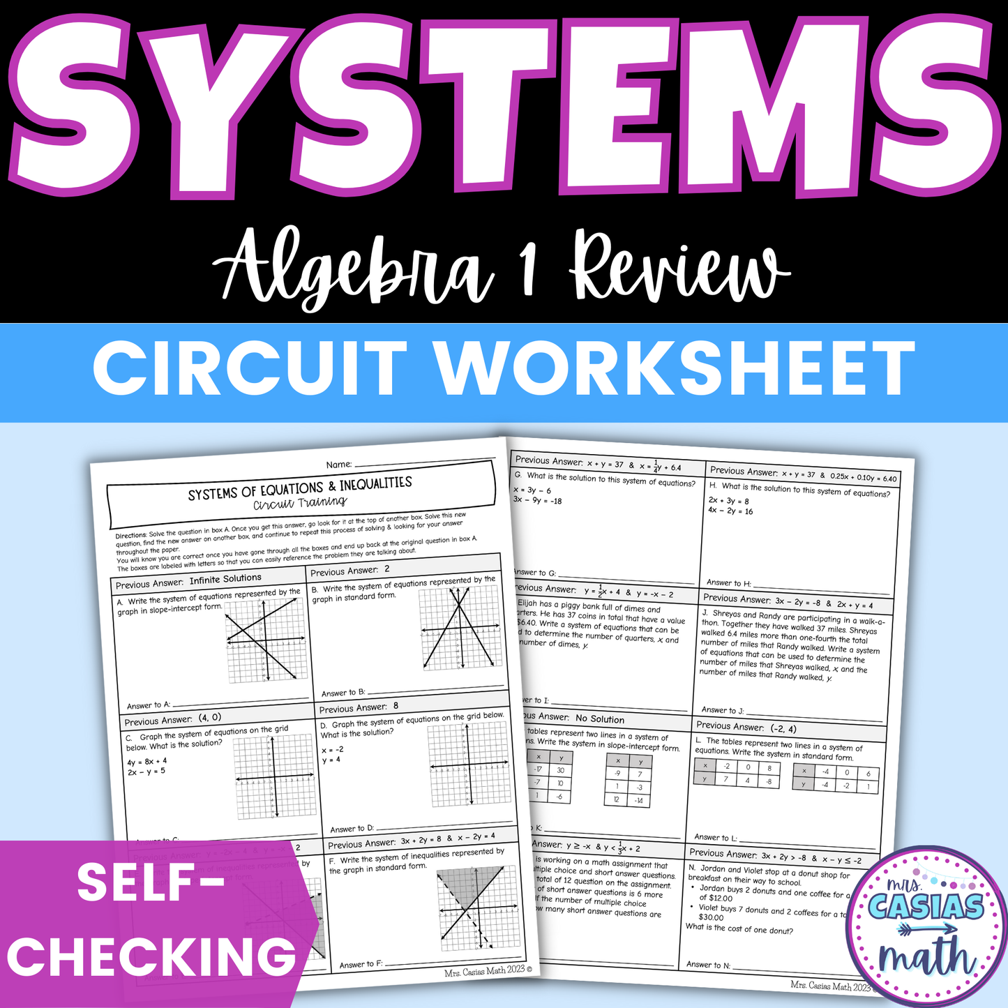 Systems of Equations and Inequalities Worksheet Self Checking Circuit Activity