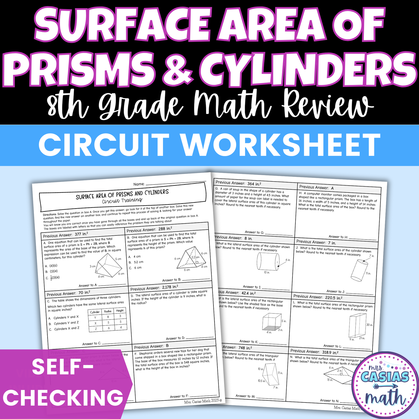 Surface Area of Prisms and Cylinders Worksheet Self Checking Circuit Activity