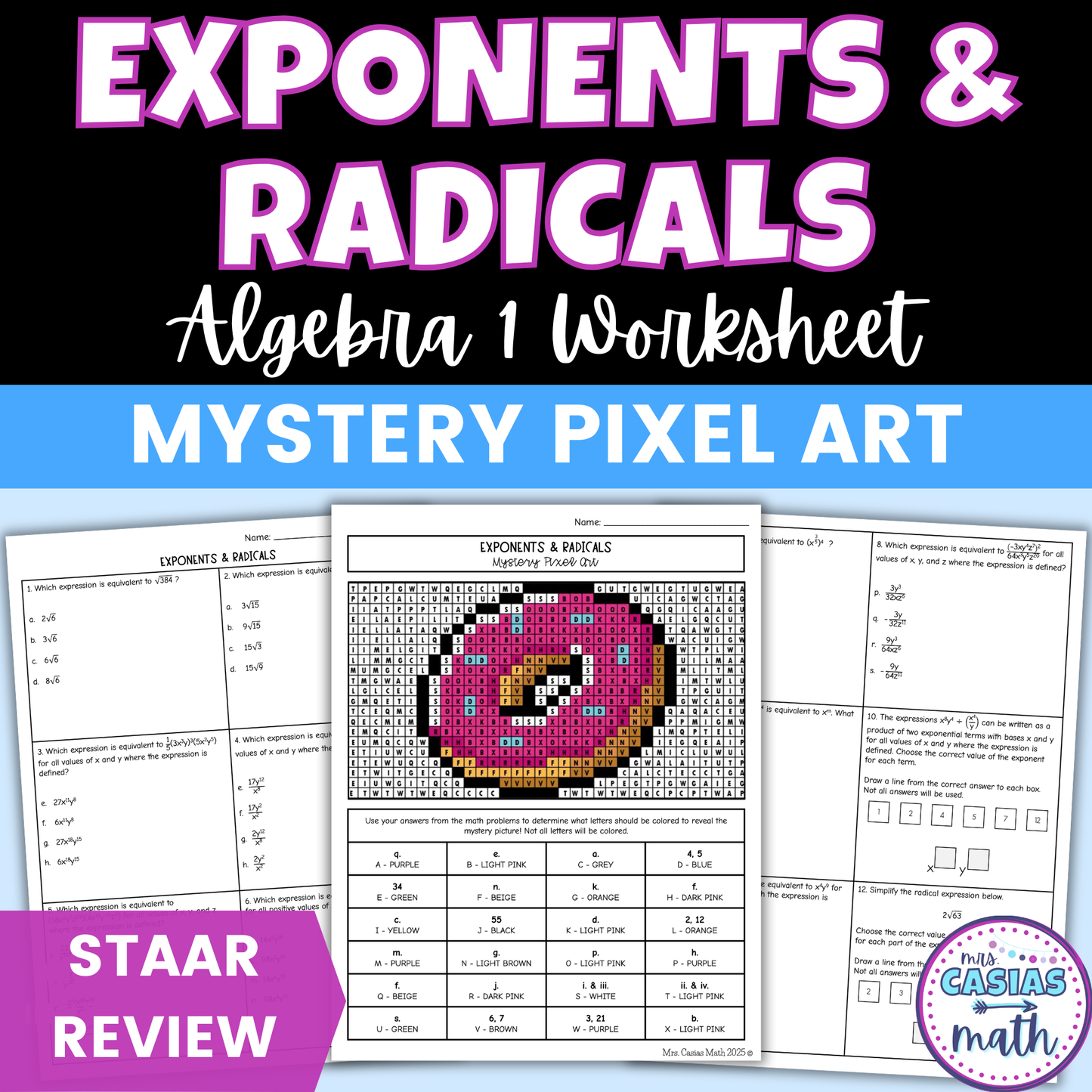 Law of Exponents & Simplifying Radicals Worksheet Algebra 1 EOC Review Activity