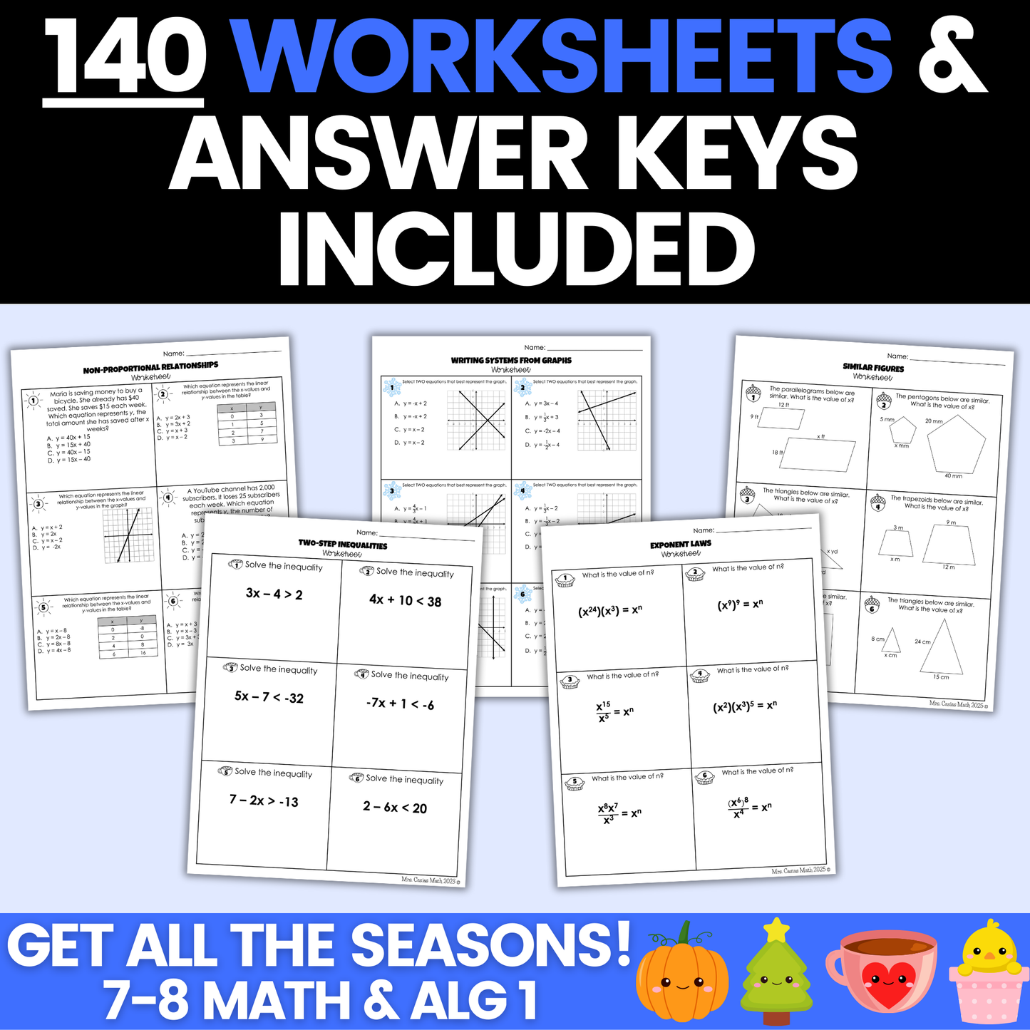 7th Math, 8th Math, and Algebra 1 Seasonal Activities Ultimate Bundle Digital Worksheets