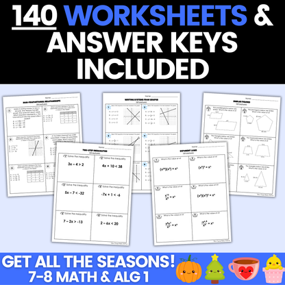 7th Math, 8th Math, and Algebra 1 Seasonal Activities Ultimate Bundle Digital Worksheets
