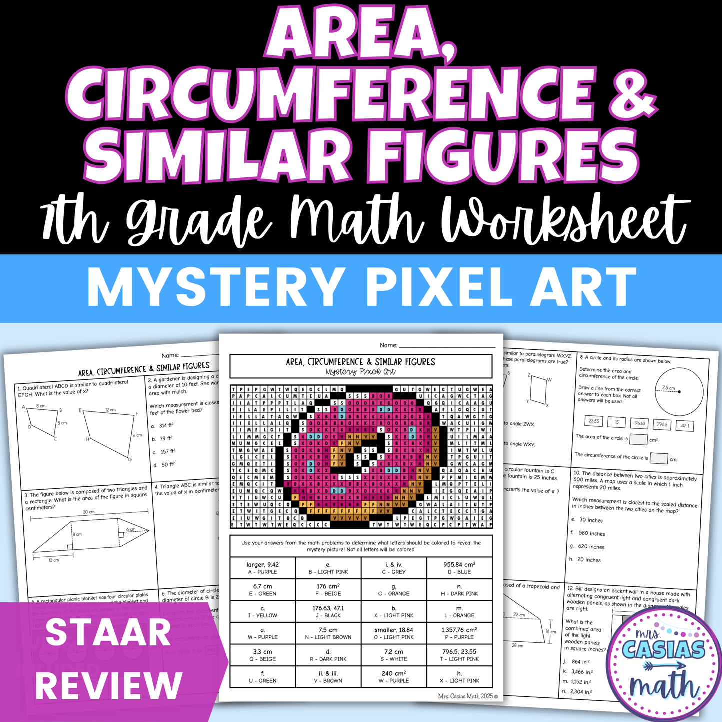 Area, Circumference and Similar Figures Worksheet 7th Grade Math STAAR Review