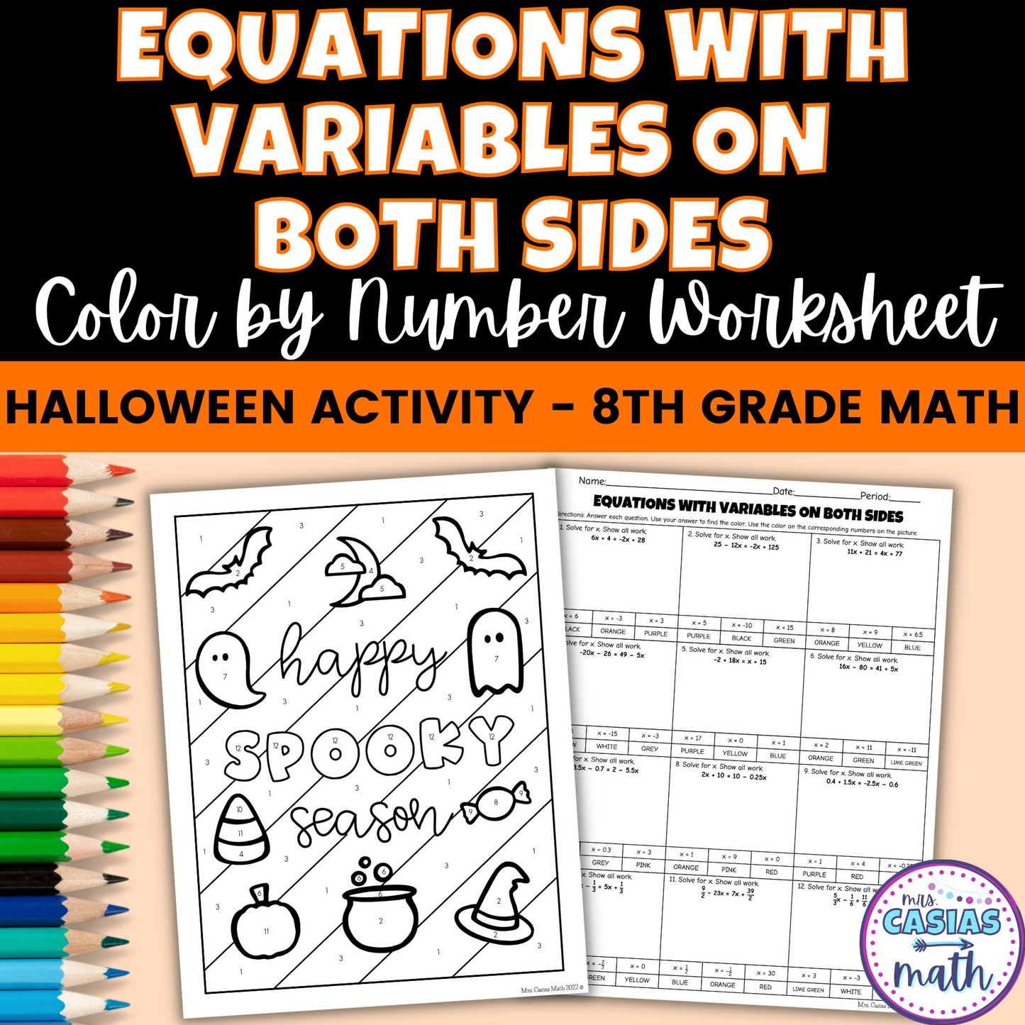 Halloween Math Activity for Middle School Equations with Variables on Both Sides