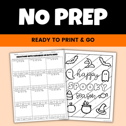 Halloween Math Activity for Middle School Equations with Variables on Both Sides