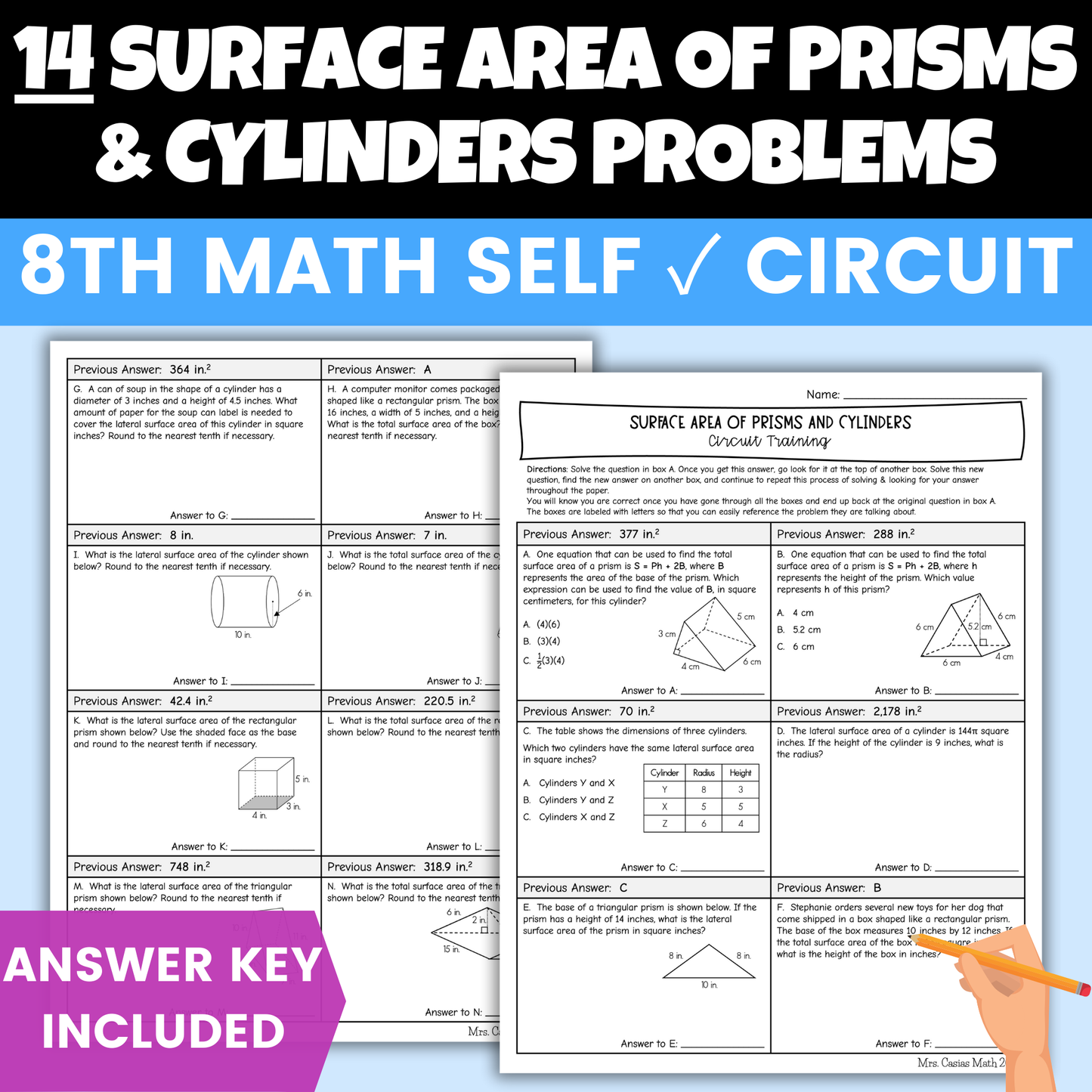 Surface Area of Prisms and Cylinders Worksheet Self Checking Circuit Activity