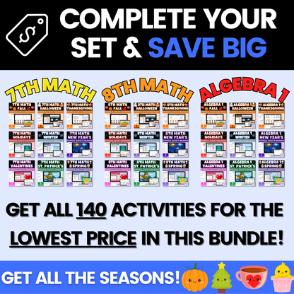 7th Math, 8th Math, and Algebra 1 Seasonal Activities Ultimate Bundle Digital Worksheets