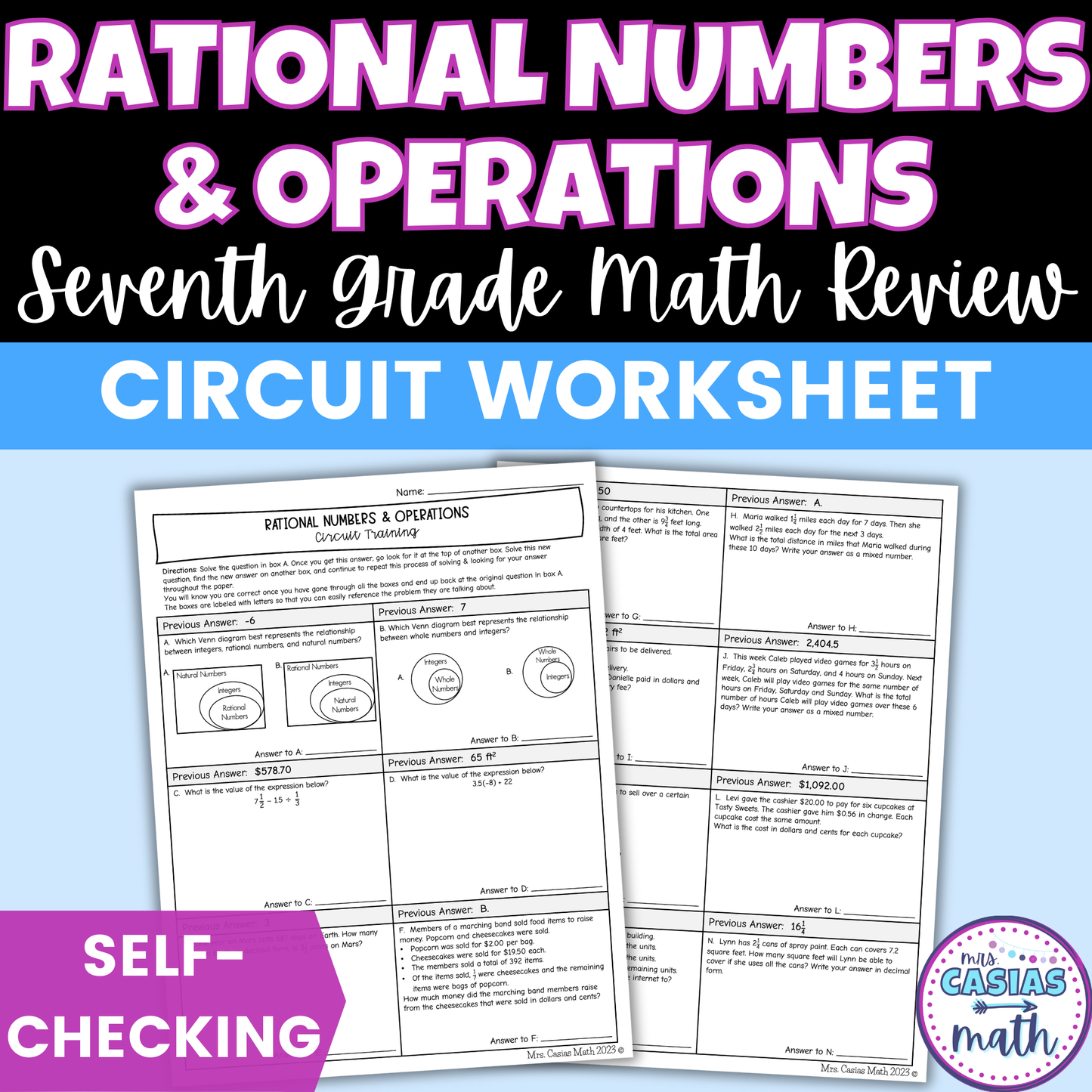 Rational Numbers & Operations Worksheet 7th Grade Math STAAR Review Activity