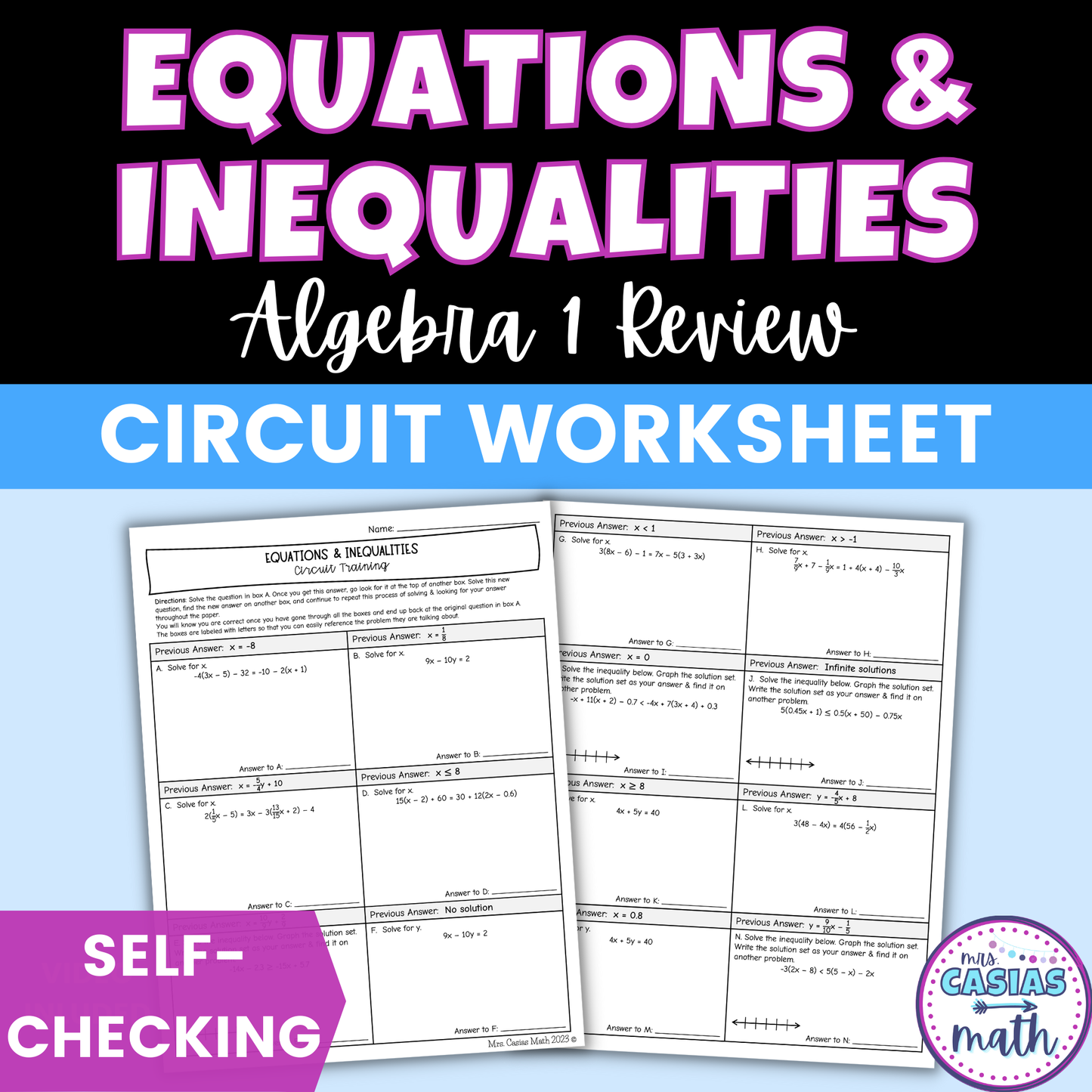 Equations and Inequalities Worksheet Self Checking Circuit Activity Algebra 1