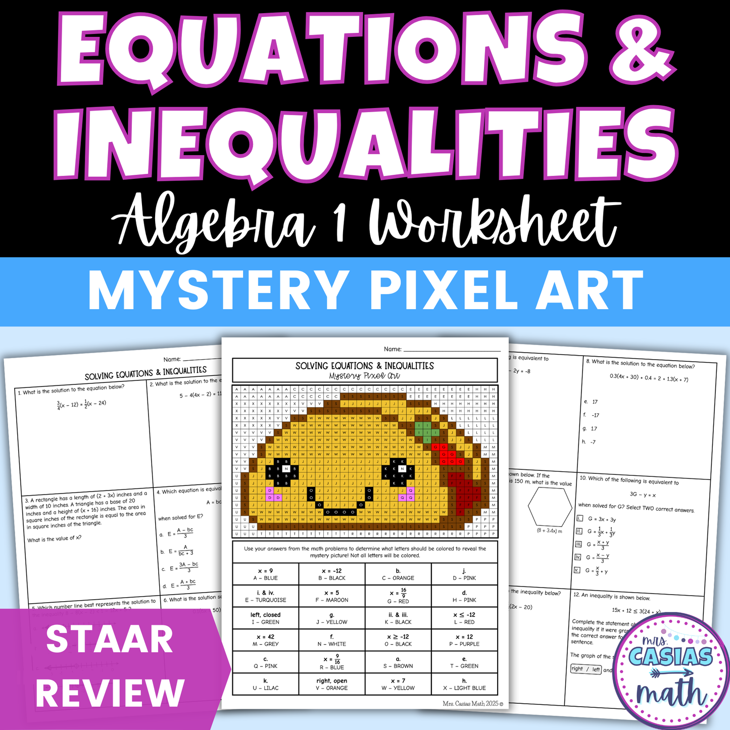 Solving Equations and Inequalities Worksheet Algebra 1 EOC Review Activity