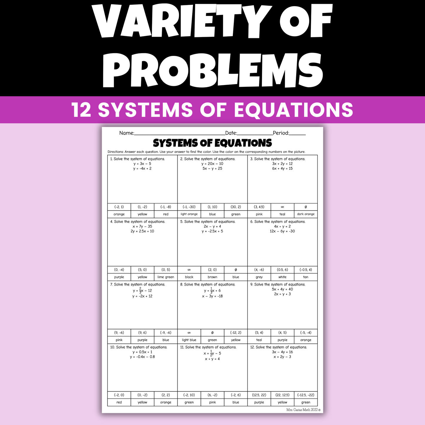 Solving Systems of Equations Activity Coloring Worksheet