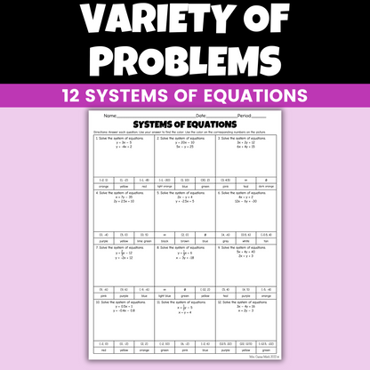 Solving Systems of Equations Activity Coloring Worksheet