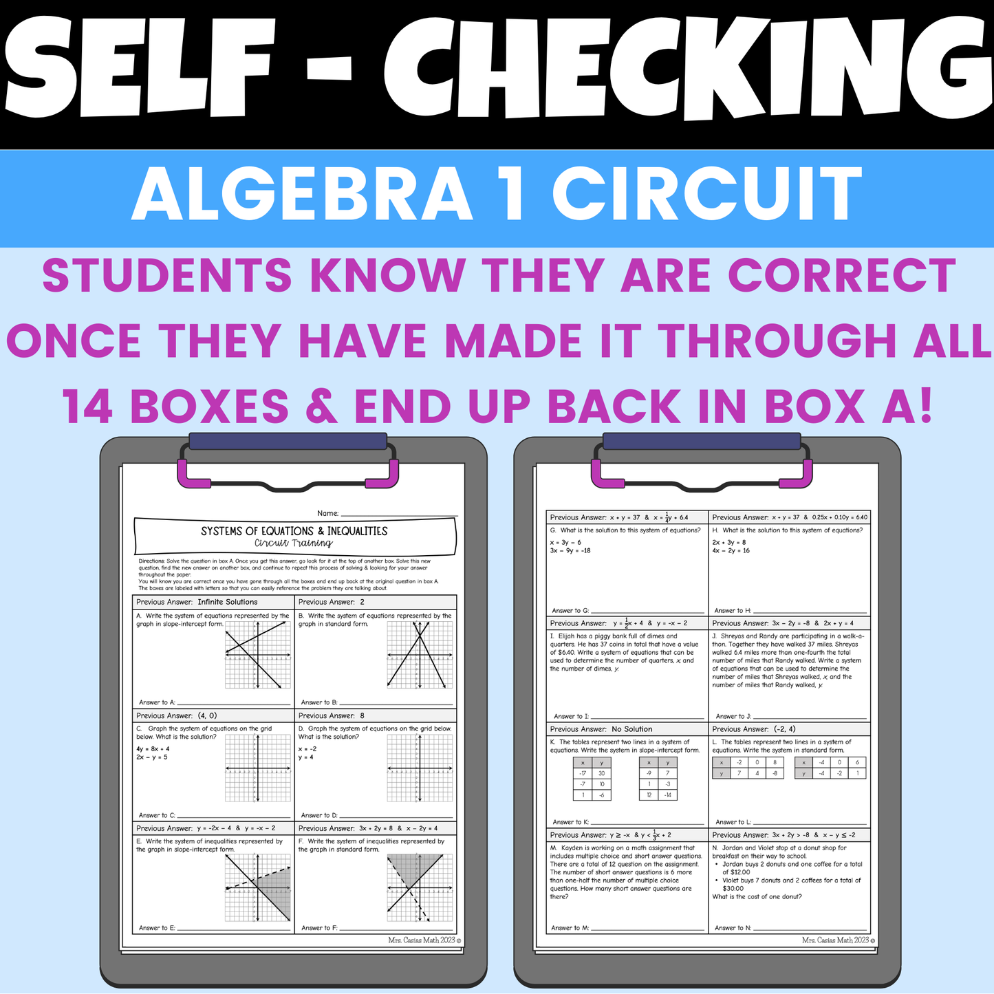 Systems of Equations and Inequalities Worksheet Self Checking Circuit Activity