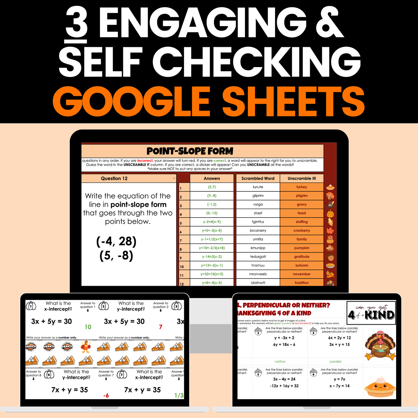 Thanksgiving Math Activities Algebra 1 Google Sheets and Worksheets BUNDLE