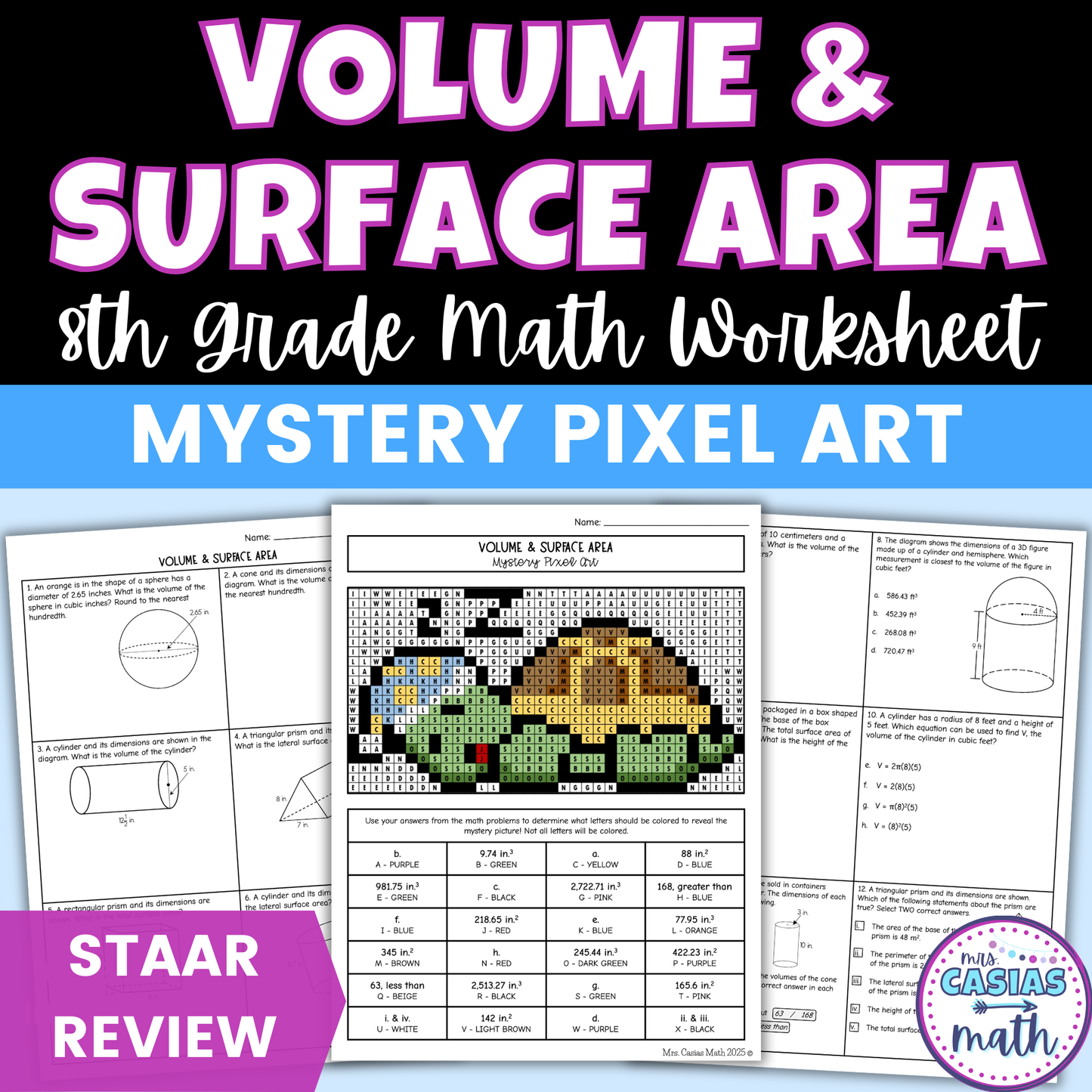 Volume and Surface Area Worksheet 8th Grade Math STAAR Review Activity
