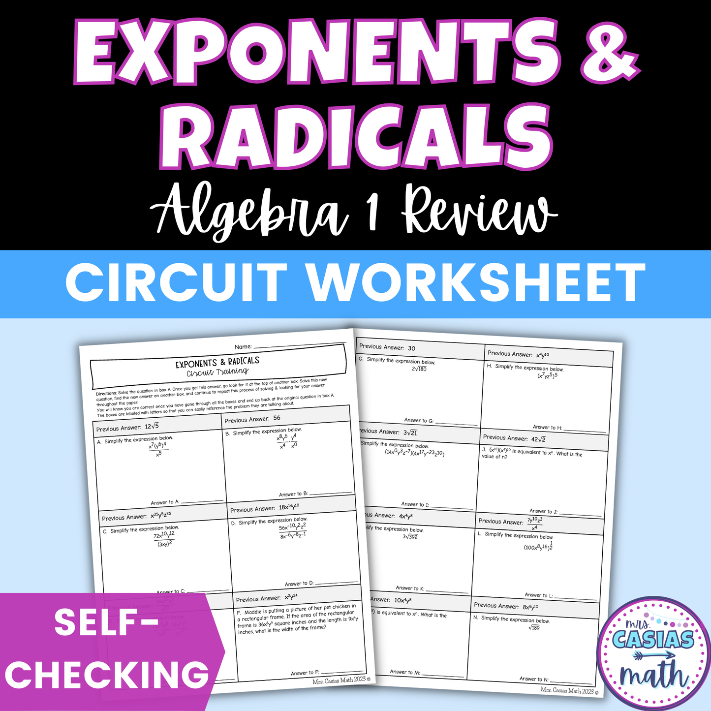 Laws of Exponents and Radicals Worksheet Self Checking Circuit Activity