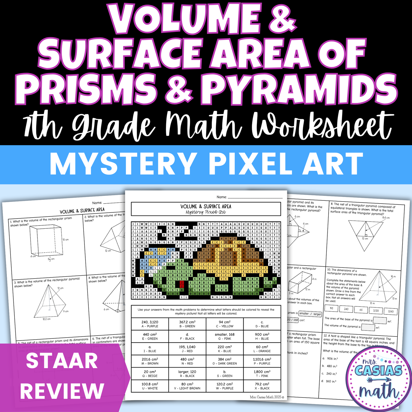 Volume & Surface Area of Prisms & Pyramids Worksheet 7th Grade Math STAAR Review