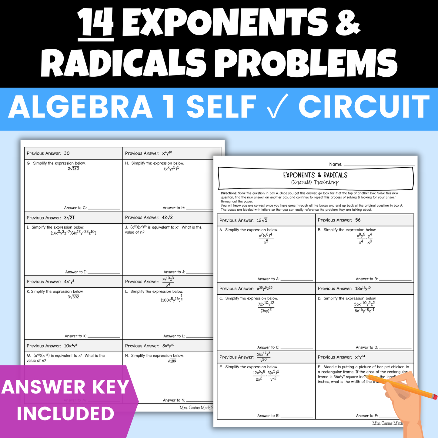 Laws of Exponents and Radicals Worksheet Self Checking Circuit Activity