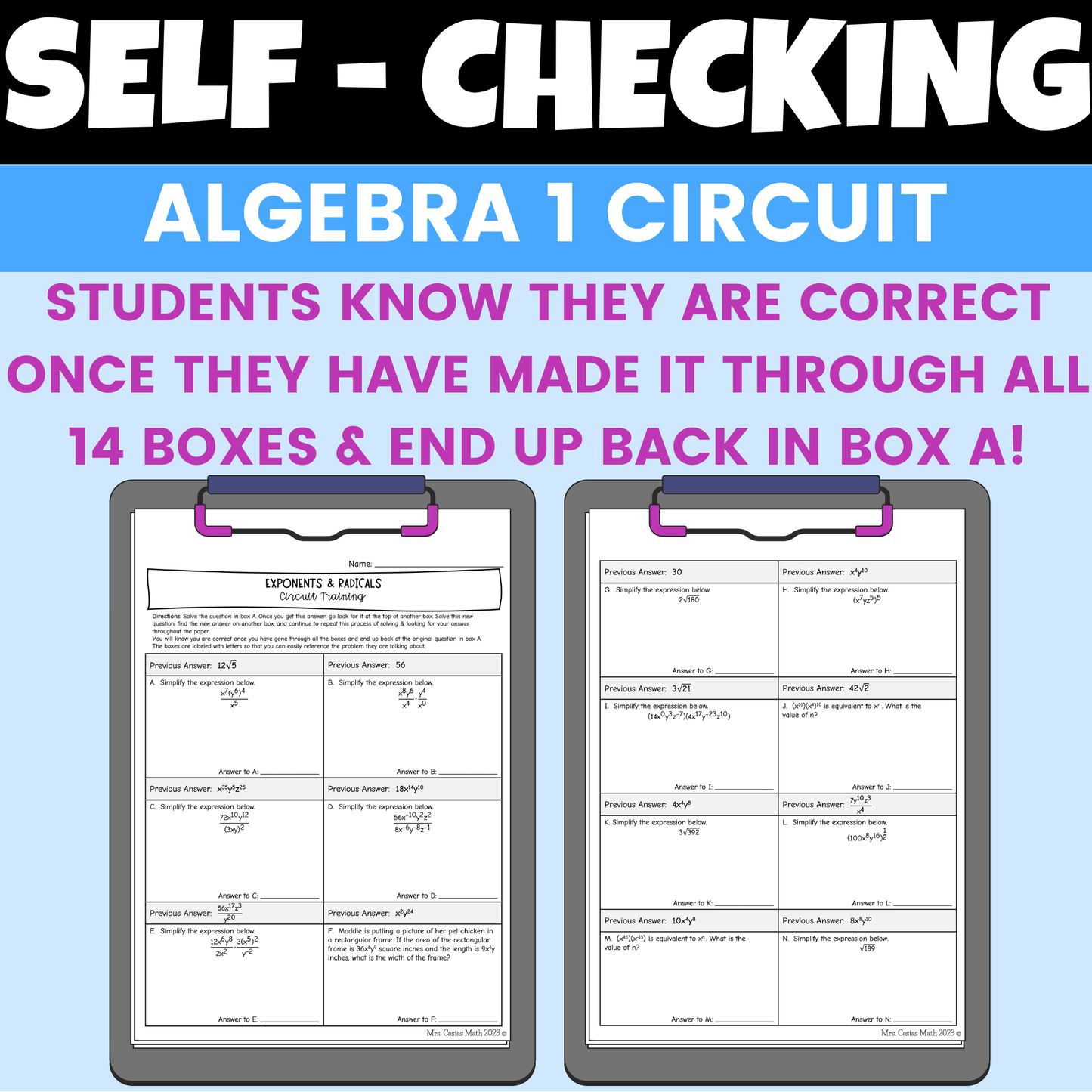 Laws of Exponents and Radicals Worksheet Self Checking Circuit Activity