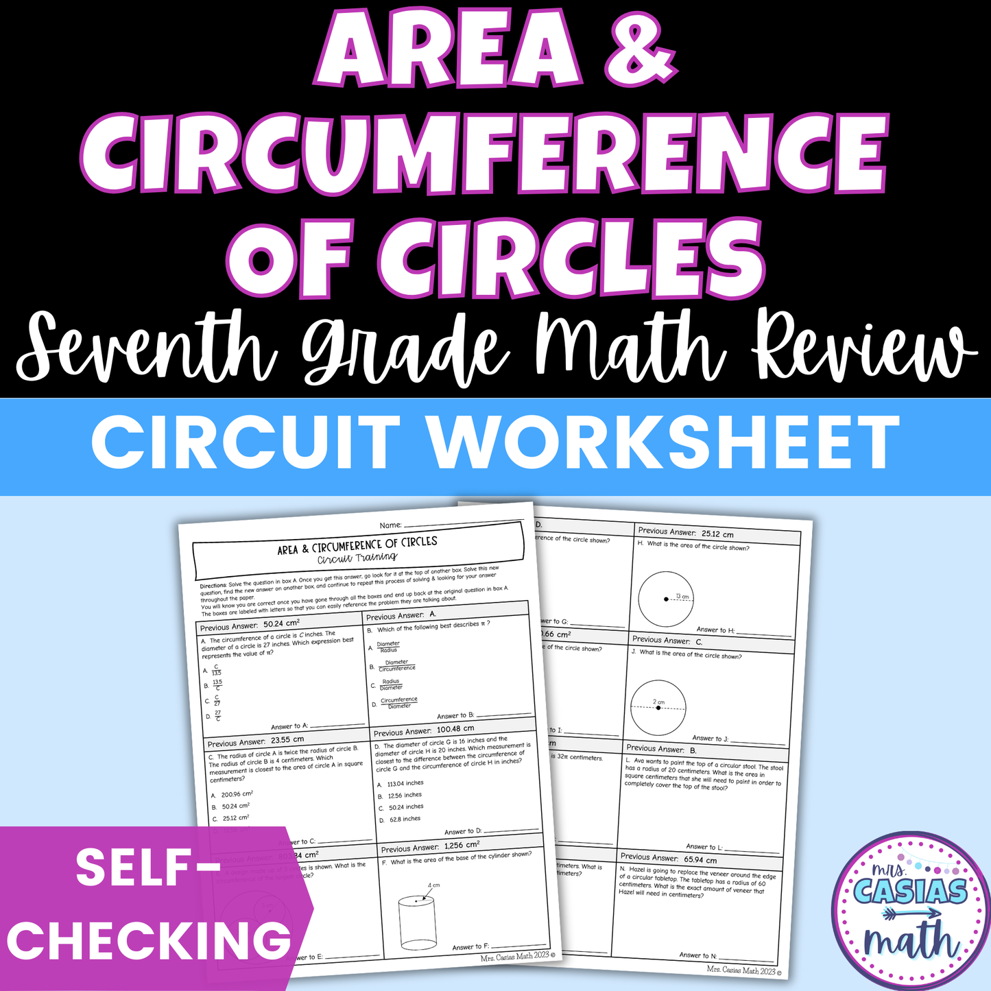 Area and Circumference of Circles Worksheet Self Checking Activity 7th Math