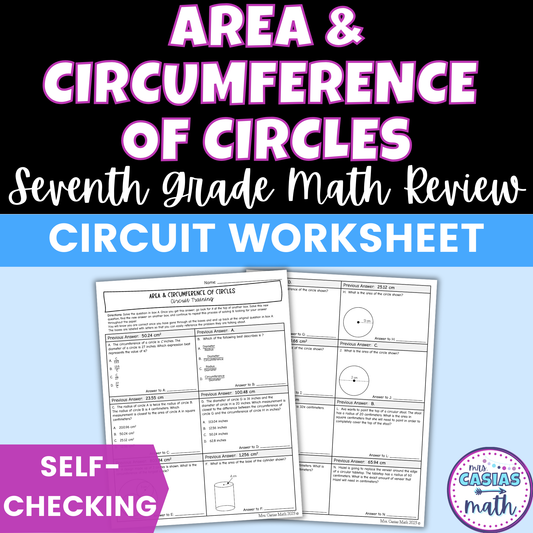 Area and Circumference of Circles Worksheet Self Checking Activity 7th Math