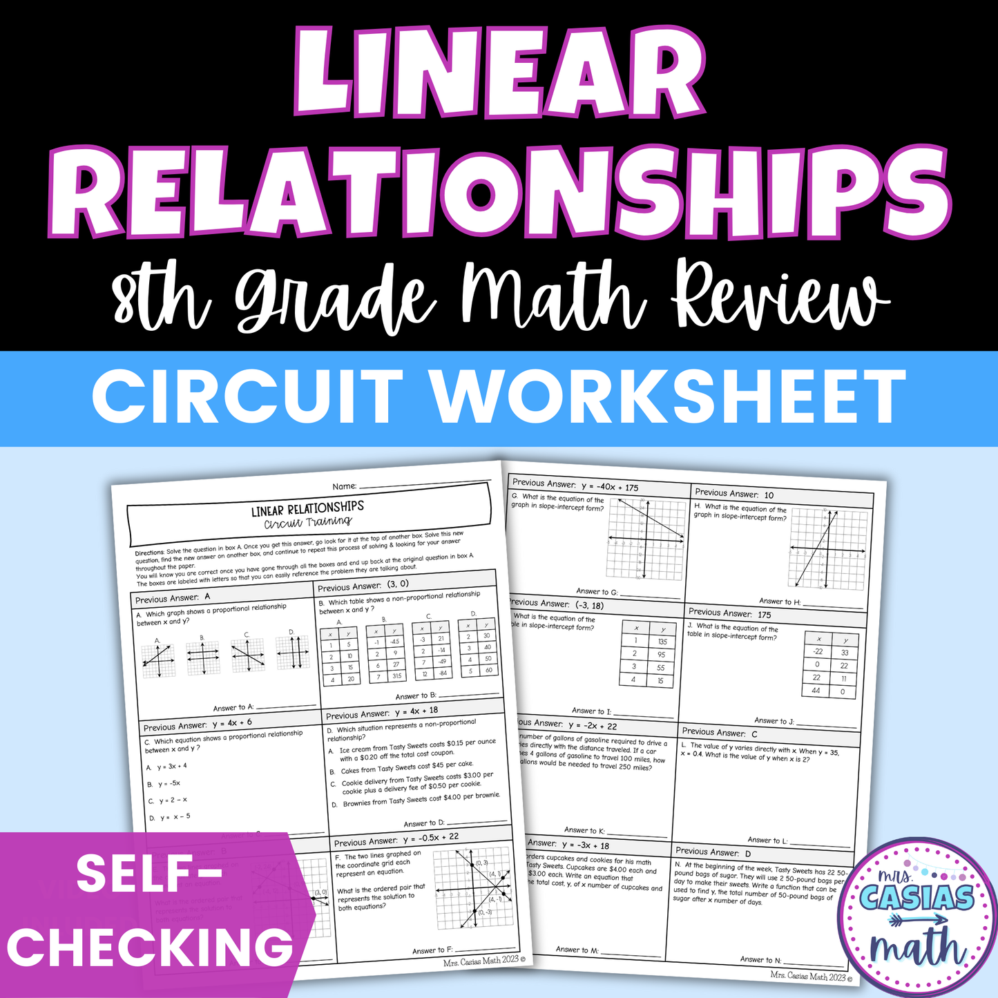 Linear Relationships Worksheet Self Checking Circuit Activity 8th Grade Math