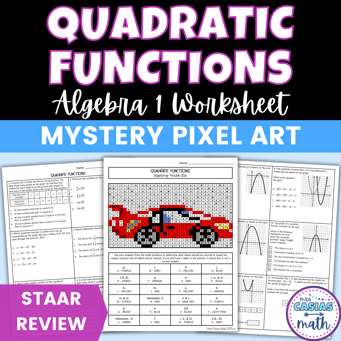 Quadratic Functions Worksheet Algebra 1 EOC Review Activity