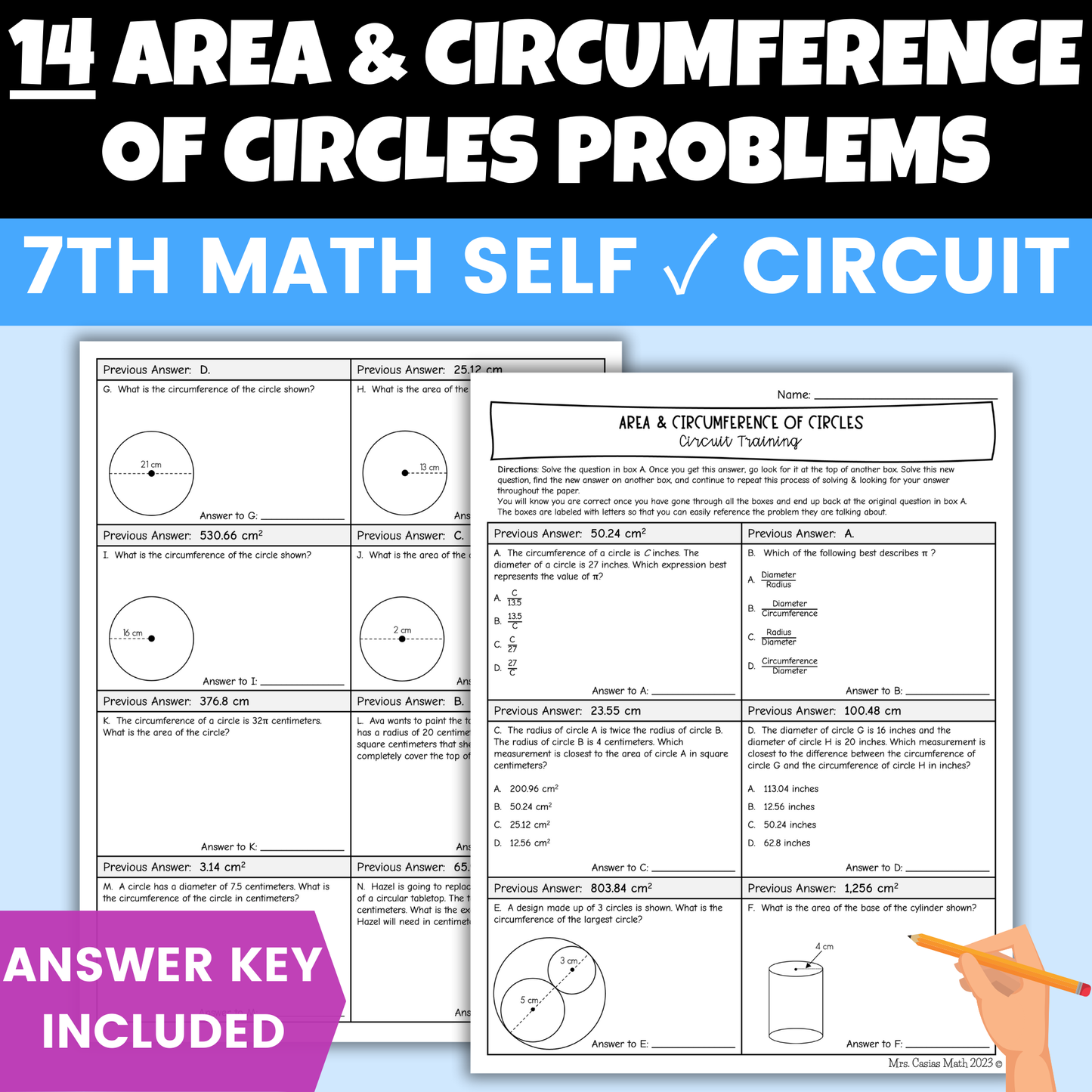 Area and Circumference of Circles Worksheet Self Checking Activity 7th Math
