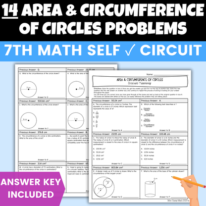 Area and Circumference of Circles Worksheet Self Checking Activity 7th Math