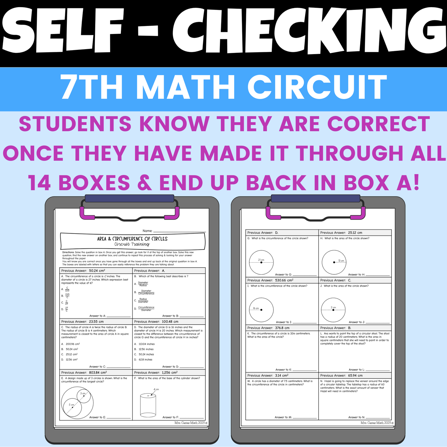 Area and Circumference of Circles Worksheet Self Checking Activity 7th Math