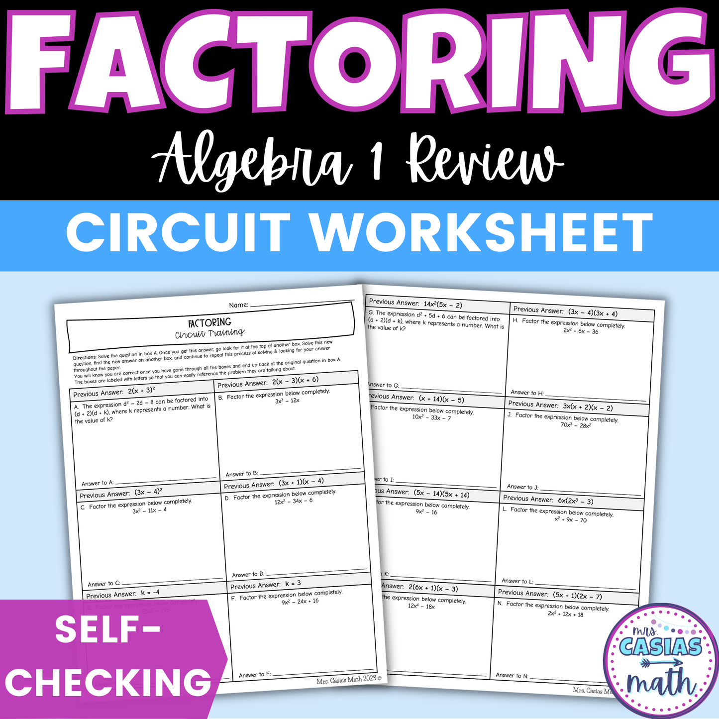 Algebra 1 Factoring Review Worksheet Self Checking Circuit Activity