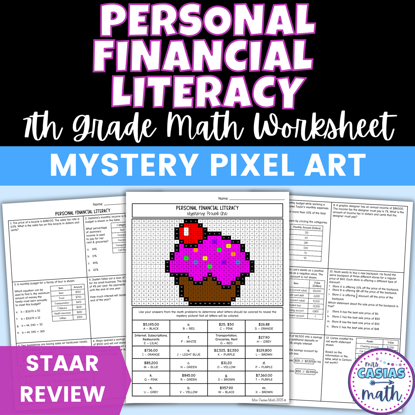 Personal Financial Literacy Worksheet 7th Grade Math STAAR Review Activity