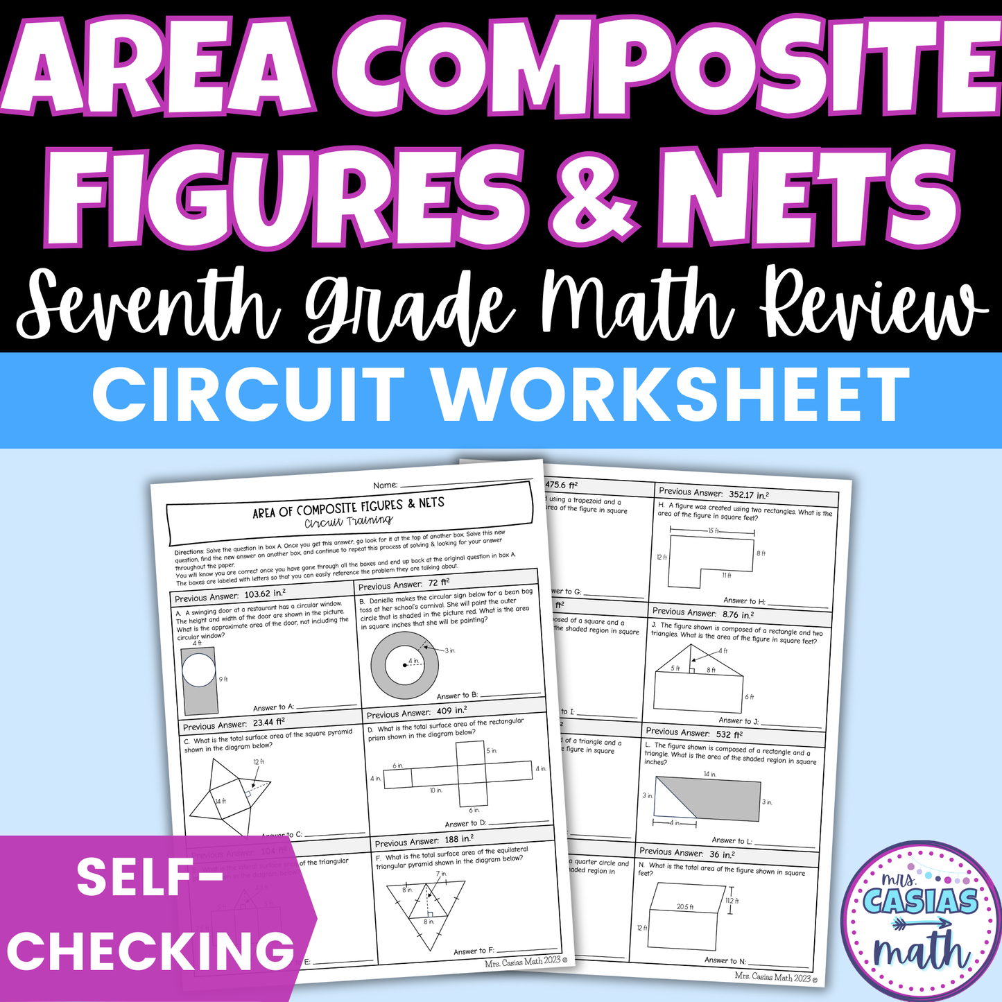 Area of Composite Figures and Nets of 3D Shapes Worksheet Self Checking Activity