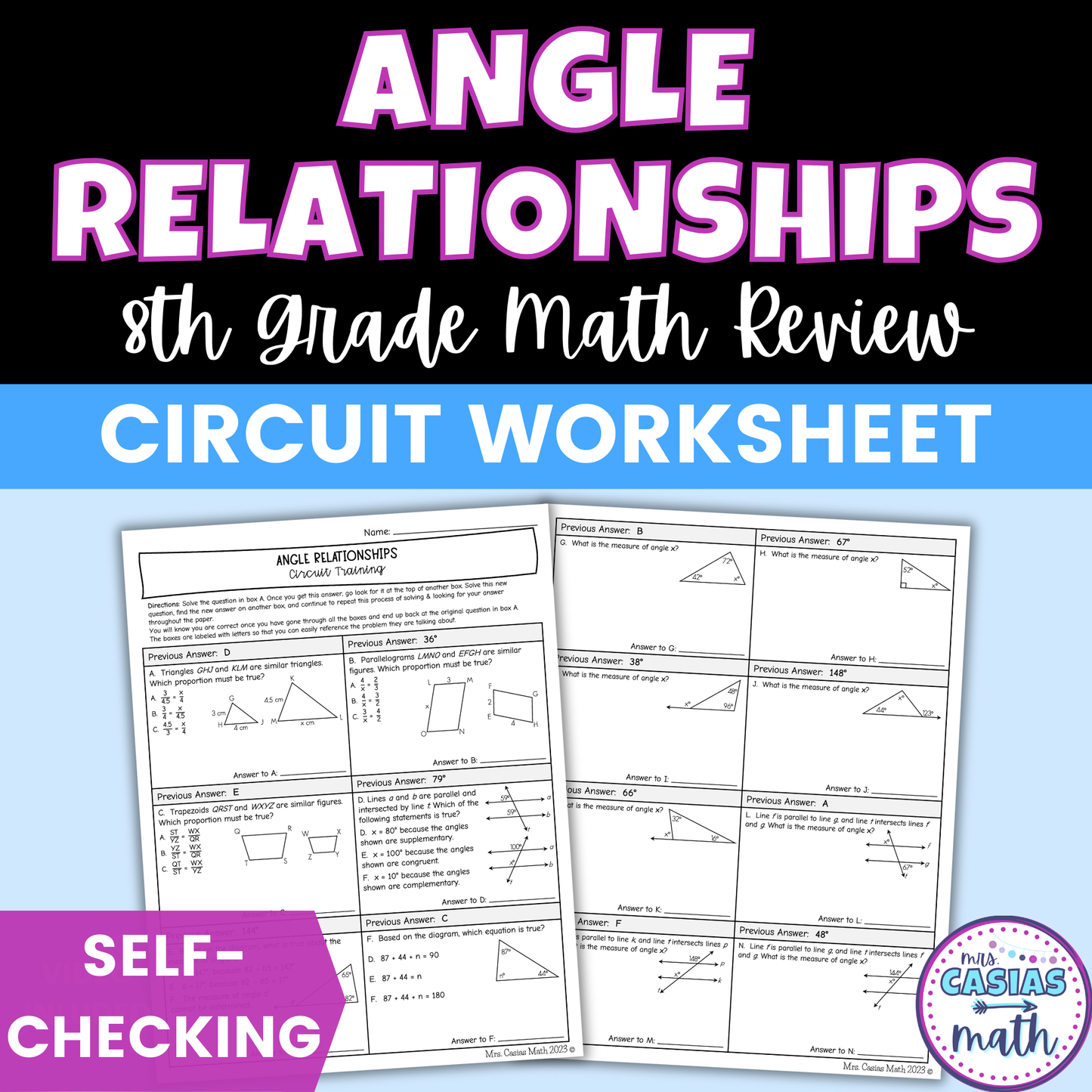 Angle Relationships Worksheet Self Checking Circuit Activity 8th Grade Math