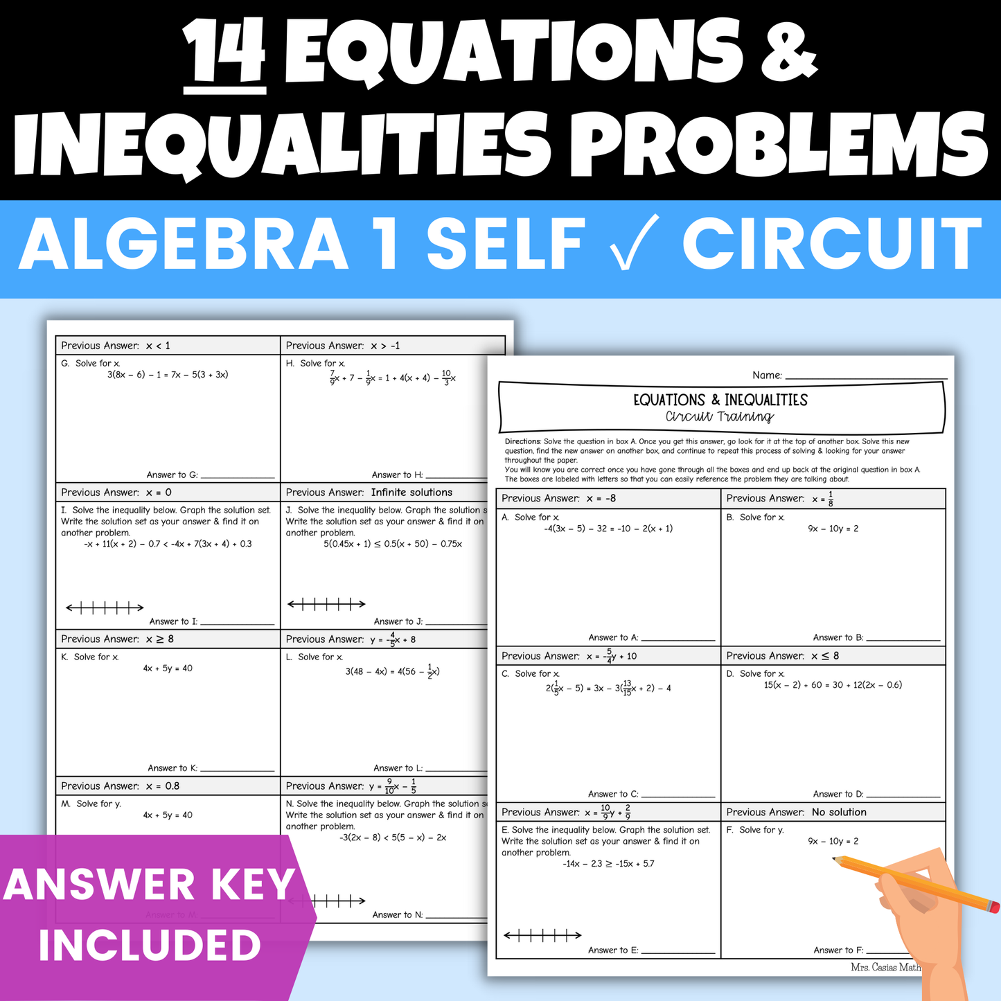 Equations and Inequalities Worksheet Self Checking Circuit Activity Algebra 1