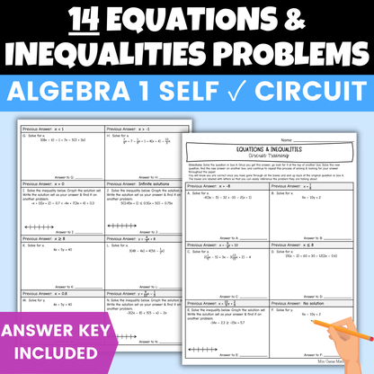 Equations and Inequalities Worksheet Self Checking Circuit Activity Algebra 1