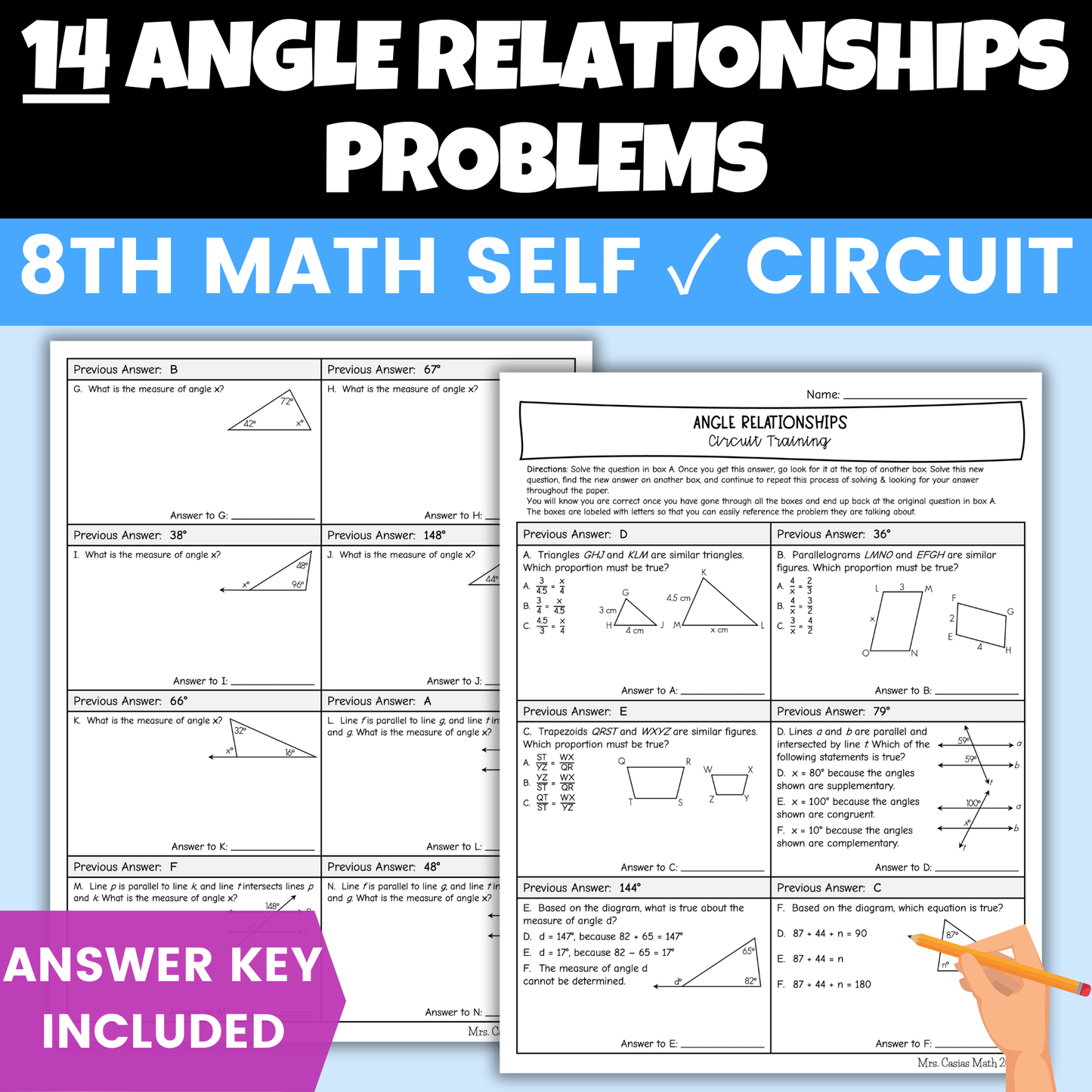 Angle Relationships Worksheet Self Checking Circuit Activity 8th Grade Math
