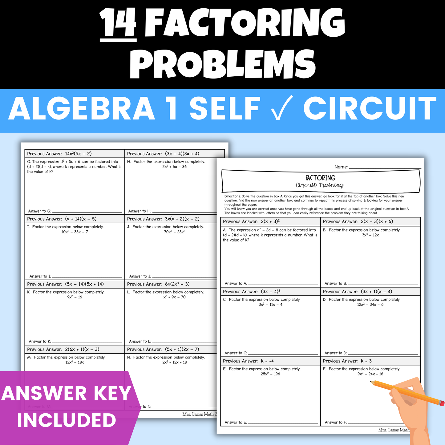 Algebra 1 Factoring Review Worksheet Self Checking Circuit Activity