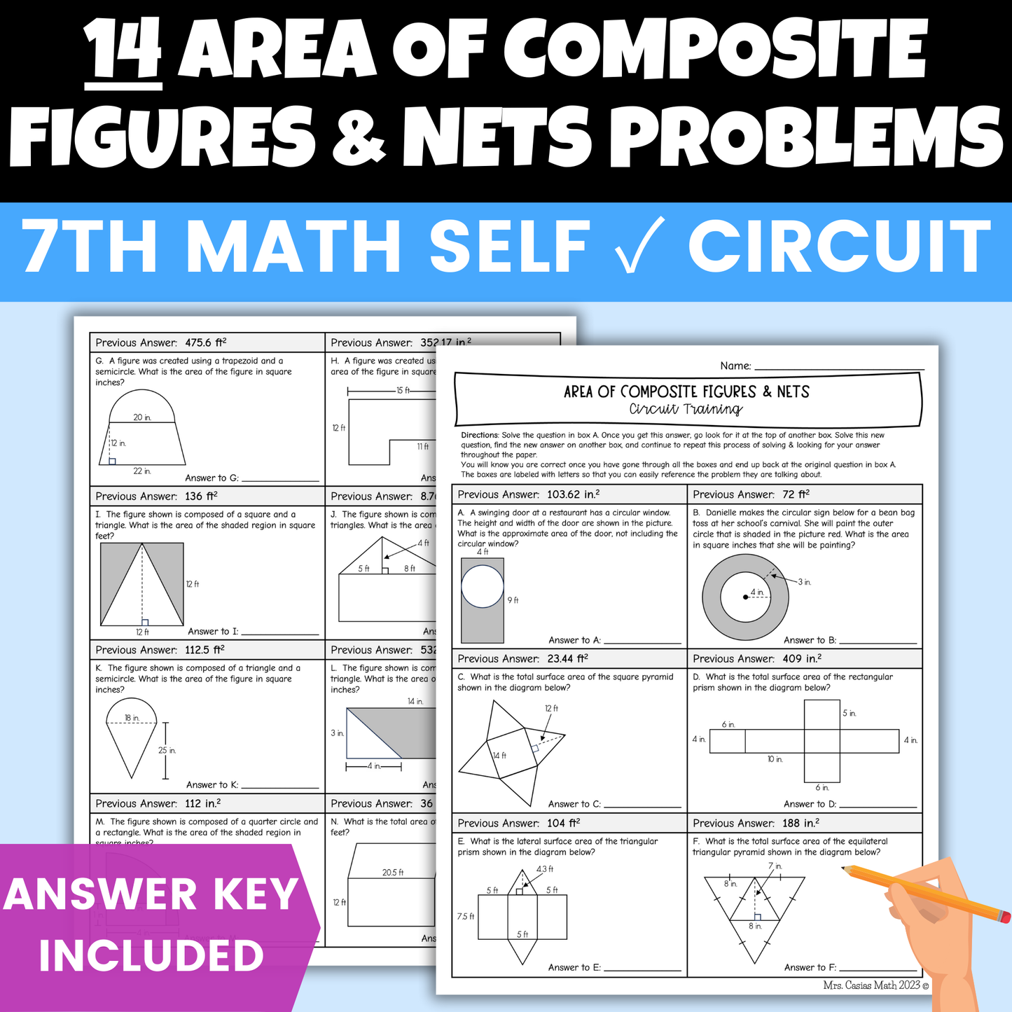 Area of Composite Figures and Nets of 3D Shapes Worksheet Self Checking Activity